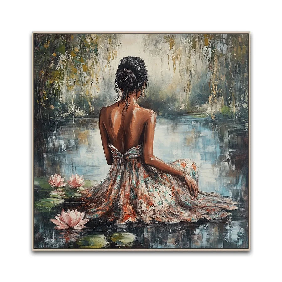 Custom Modern Oil Paintings African Woman Backside Hand-painted Brush Lotus Sit Lake Canvas Art Prints for Art Projects MegaBDM