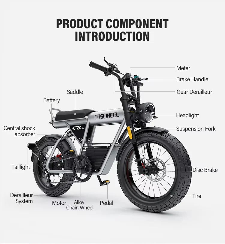 28mph Fat-Tire Electric Motorcycle COSWHEEL CT20s 1500W Peak Dual Suspension Removable Battery Off-Road Adult Dirt Ebike