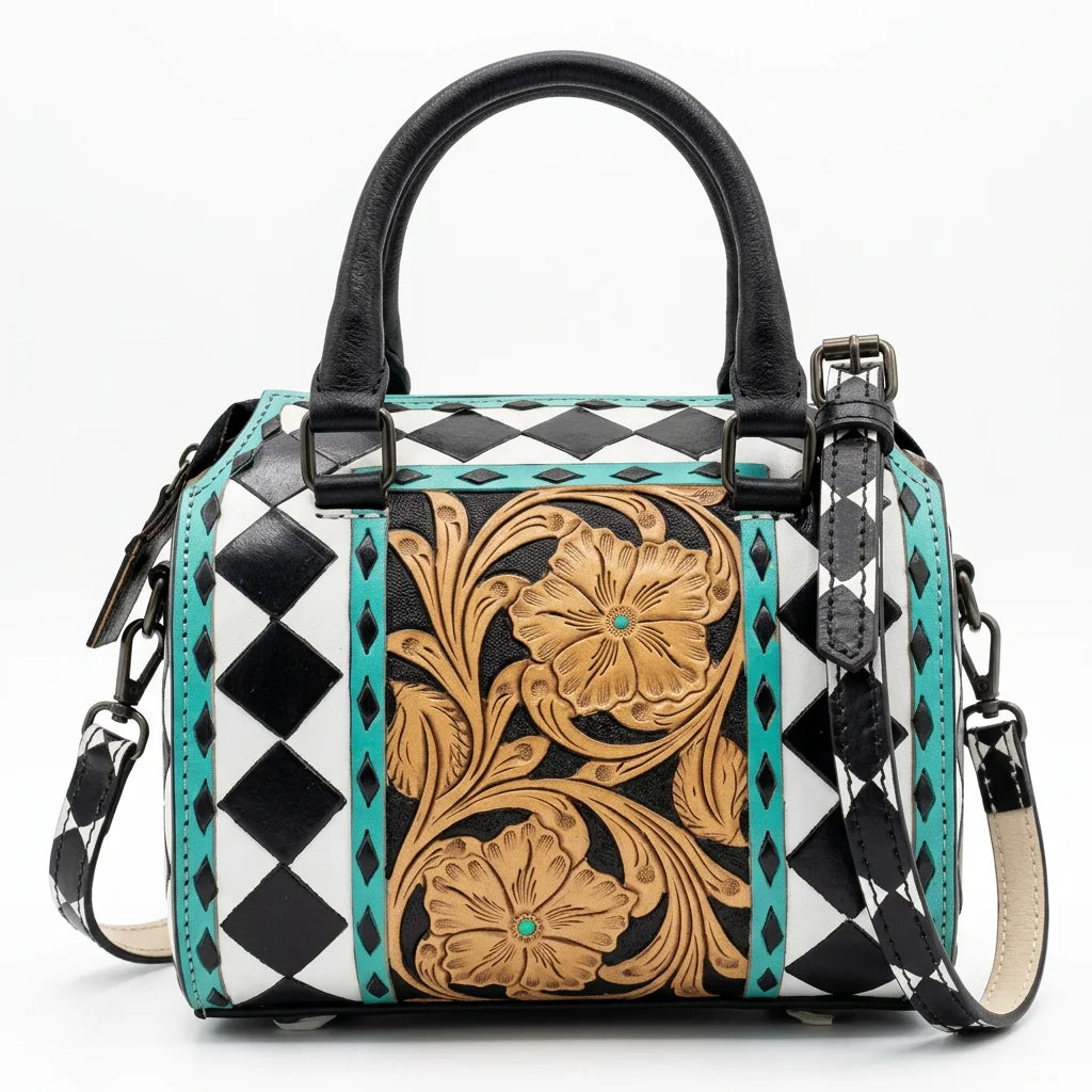 Newly Trend Hand Tooling Florals Checkered Genuine Leather Sport Waterproof Crossbody Shoulder Weekender Mini Speedy Duffel Bags MegaBDM