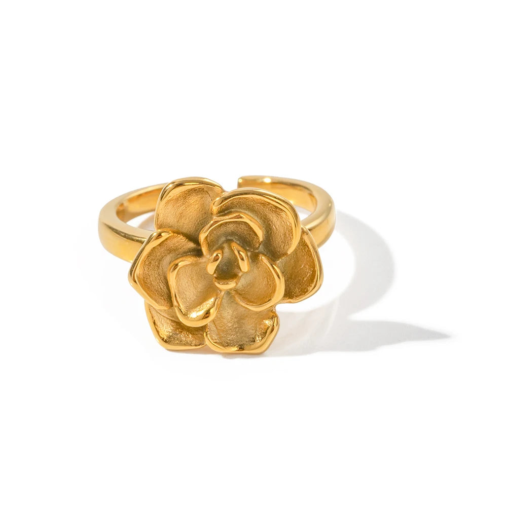 Ins Popular 18K Gold Plated Big Camellia Flower Finger Ring Stainless Steel Ring Fashion Jewelry