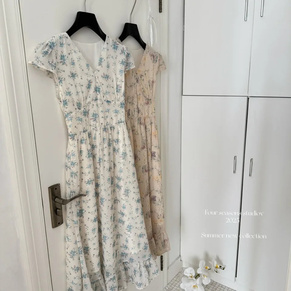 2025 Summer V-Neck Tunic Slim Casual Maxi Dress For Women Printed Floral Lace Dress