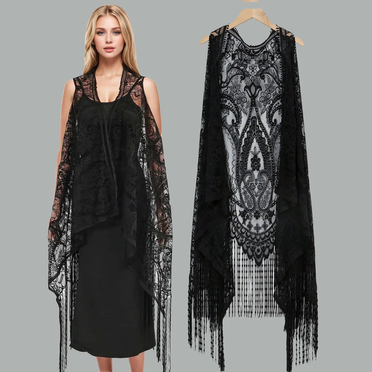 Hollow-out Bikini Sun protection Cover-up Solid Women's Beach Shawl Outerwear Tassel Cardigan MegaBDM