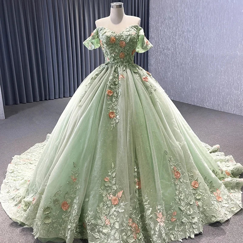Jancember 222240B Glitter Green Flower Off Shoulder Girl's Quinceanera Party Dresses