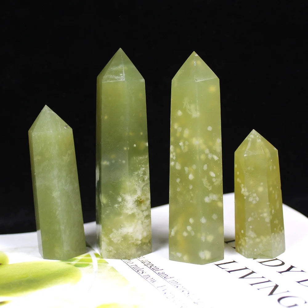 Natural Healing Crystal Wand Faceted Prism Gemstone Stone Single Point Green Vein Jade Wand