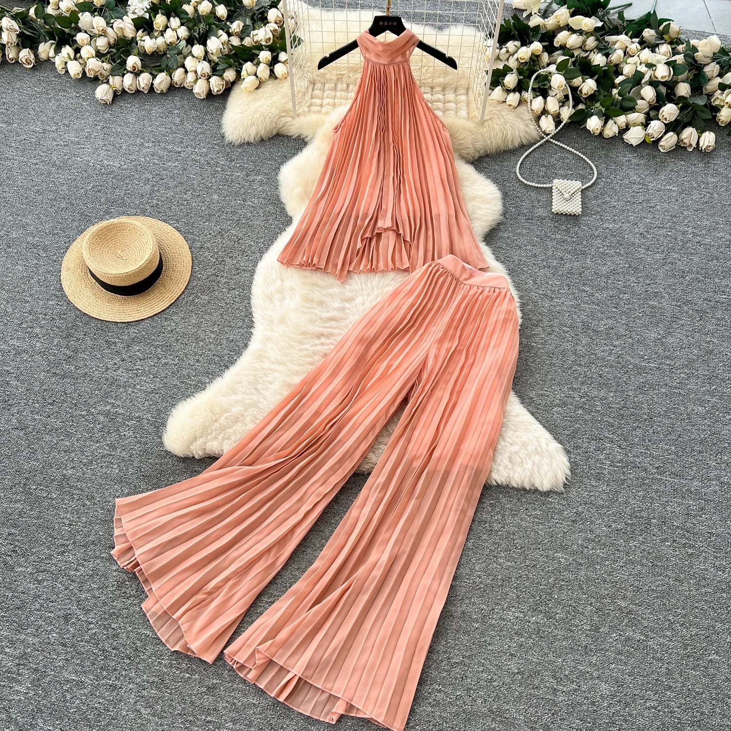 Women's Y2K Sets Halter Asymmetric Bandage Top And High Waist Pleated Set Jogging Suits Wholesale
