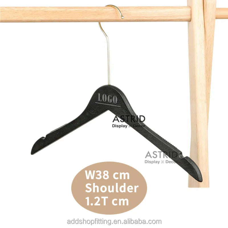 Astrid 38 CM 1.2T Solid Black Custom Logo Wood Like PP Plastic Clothes Hanger for Wardrobe & Store Display Clothing Organizer
