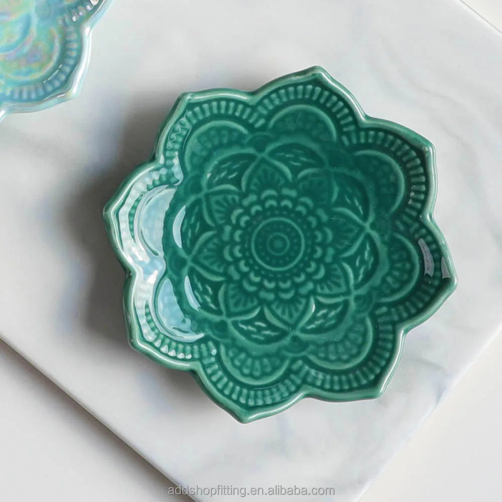 Modern Green Mandala Art Ceramic Jewelry Display Plate 10x10x1.3CM for Home Decoration