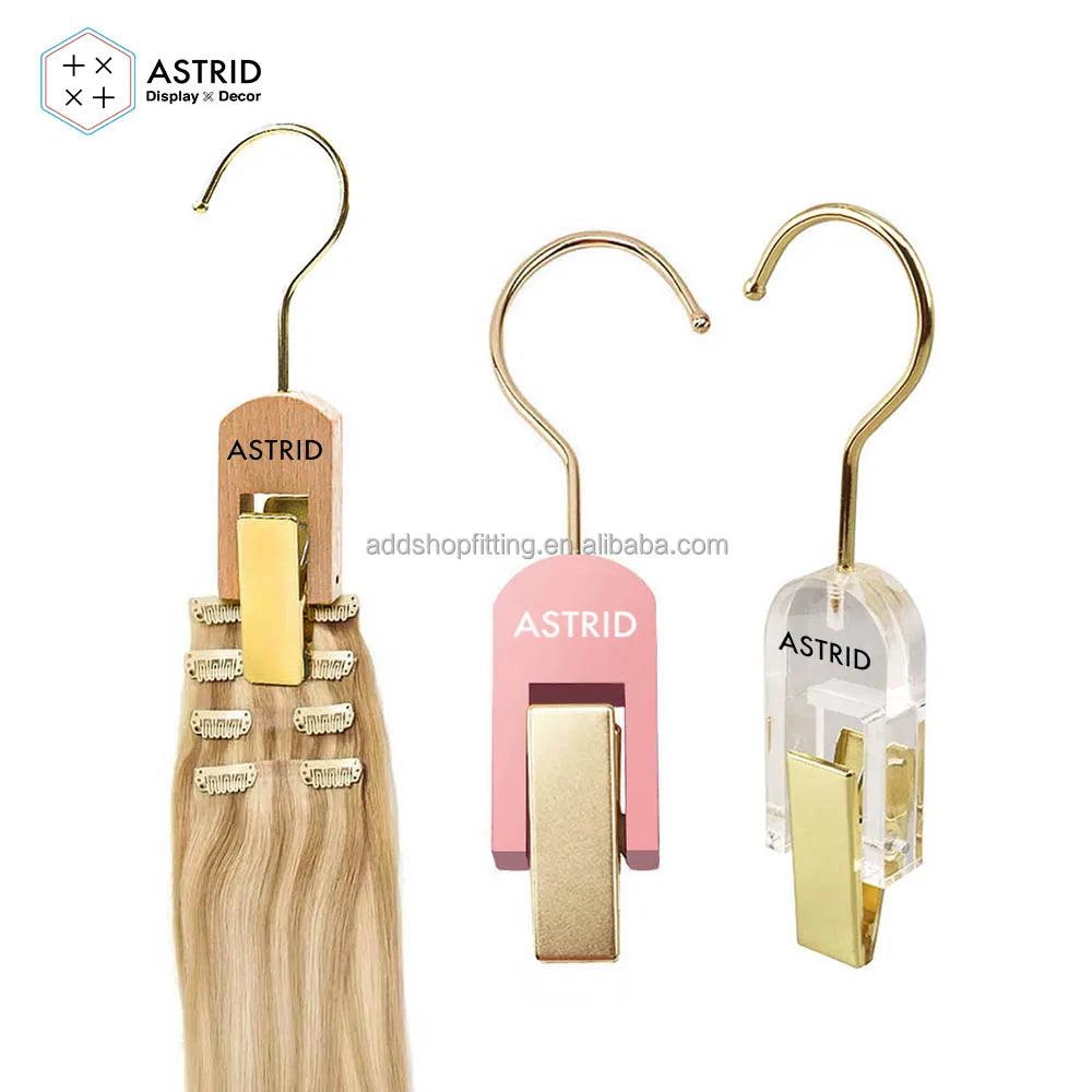 Astrid 19 CM W 4CM Wooden Single Tier Custom Logo Wig Bag Clip Hair Extension Hanger for Bathroom and Wardrobe