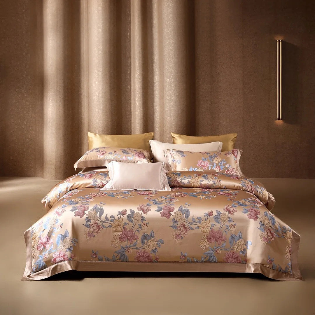 Rose Gold Mulberry Silk Four Piece Home Textile Printing Duvet Cover Natural Yarn Dyed Bedsheet Pillowcase Luxury Bedding Set MegaBDM