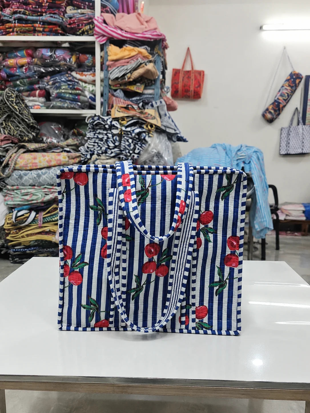 Blue White Striped Cherry Print Vintage Bohemian Lady Fashion Canvas Shoulder Tote Bag Zipper Closure Lightweight Inner Winter MegaBDM
