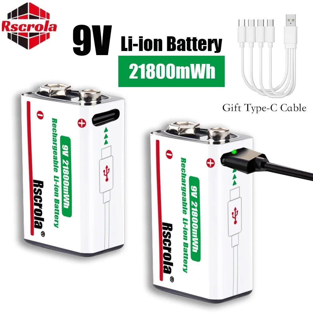 Type-C Rechargeable 9V Lithium ion Battery 21800mWh High Capacity for Guitar Microphone Smoke Detector Pedal with Cable