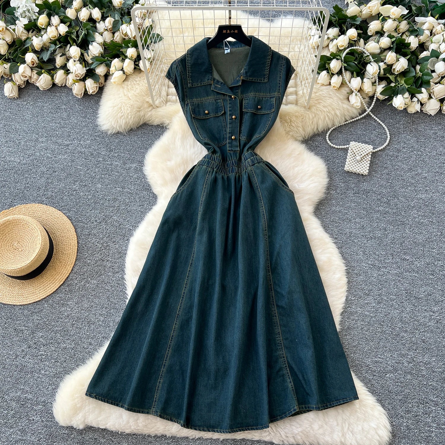 2025 Summer Turn-down Collar Tunic Slim Casual Midi Dress For Women Empire Denim Dress