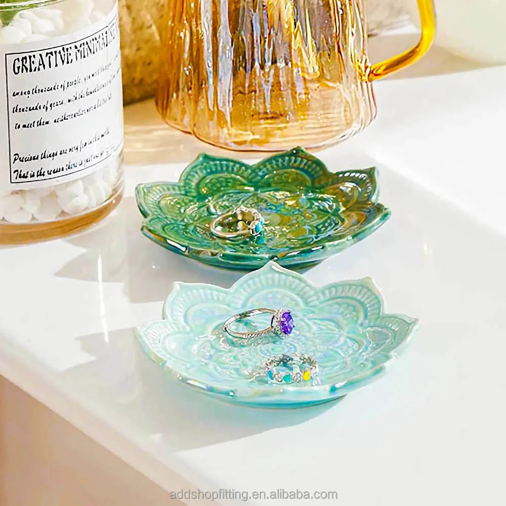Modern Sky Blue Mandala Art Ceramic Jewelry Tray 10x10cm for Home Decoration and Shop Display