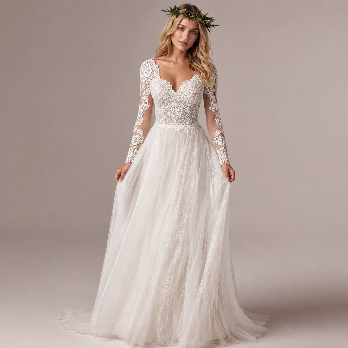 Elegant Ivory Boho Plus Size Wedding Dress Deep V Neck Long Sleeve Lace Applique A-Line Tulle Bridal Gown Sweep Train Breathable MegaBDM