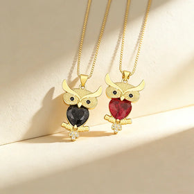 QIKU Cute Owl Shape 5 Colors Rhinestone Pendant Women Necklace Copper Zircon Animal Jewelry Charm Accessories Girl Birthday Gift