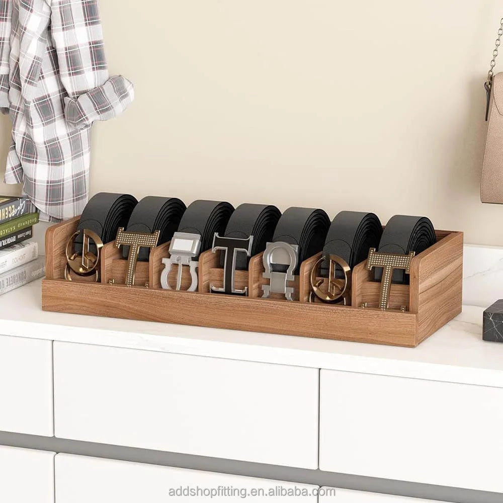 Durable 7 Grids Wooden Wood case Organizer Display Belt Stand for Shop Storage