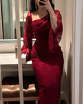 Elegant Burgundy Womens Evening Dress Asymmetrical Neck Ruched Bodycon Lace Regular Sleeve Tea-Length Quick Dry Cashmere Party MegaBDM
