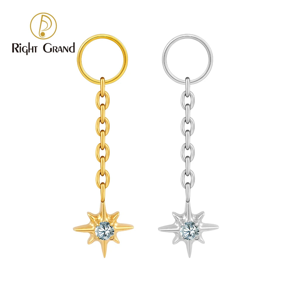 Right Grand ASTM F136 Titanium Dangle Star Charm Earring Drop Chain Celestial Cartilage Helix Lobe Conch Clicker Connector MegaBDM