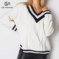 Women's Casual Fashion V-Neck Pullover Sweater Wholesale Black White Drop Shoulder Long Sleeve Top Autumn Knitted Uniform