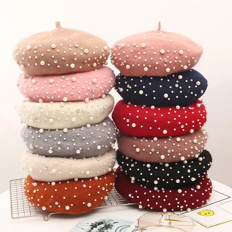Warm Winter Pretty Girls' Wool/Polyest Beret Beanie Hats Women Fashion Outdoor French Beret Ladies Berets With Pearl Beads MegaBDM