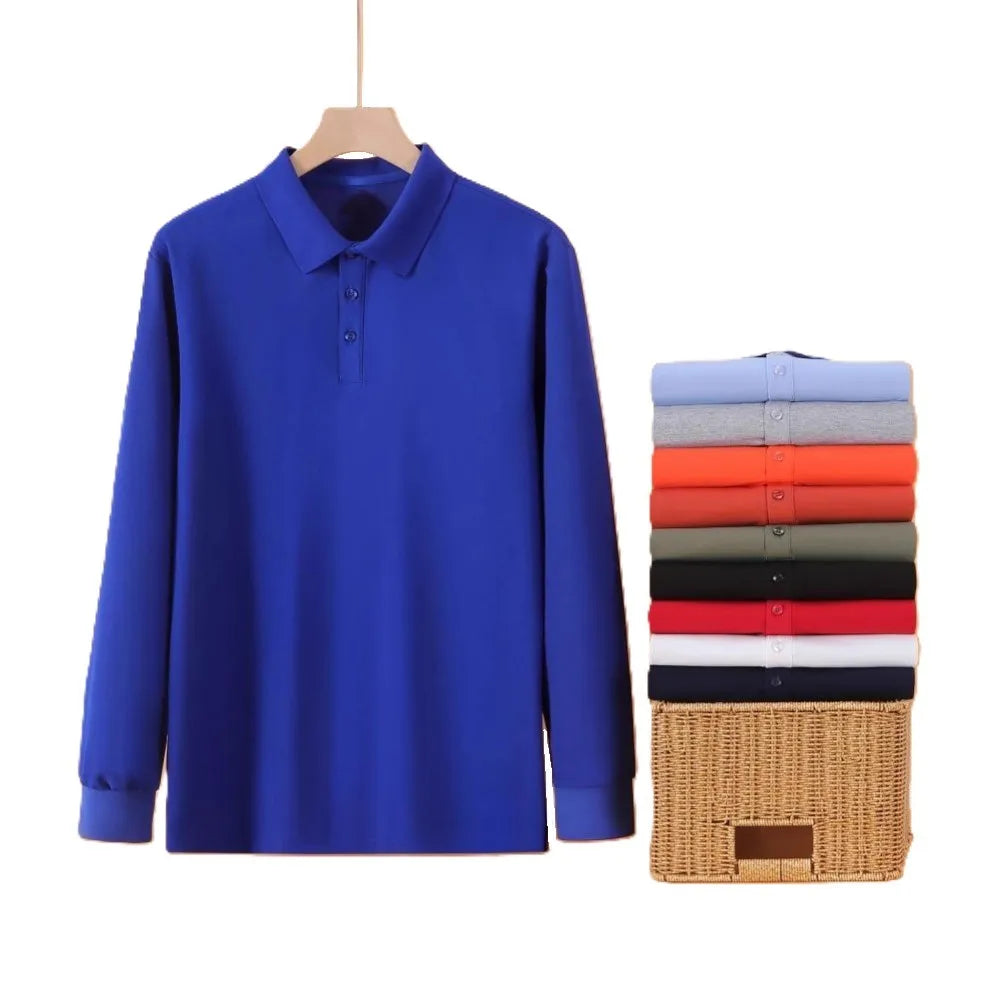 OEM Custom 220g High Elastic Polyester Mens Lapel Long Sleeve Solid Color Casual Work Shirt Autumn New Arrival Polo Shirt