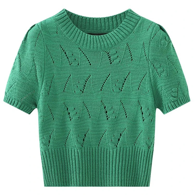 Summer New Women's Solid Short Sleeve Sweater Crew Neck Elegant Knitted Tops