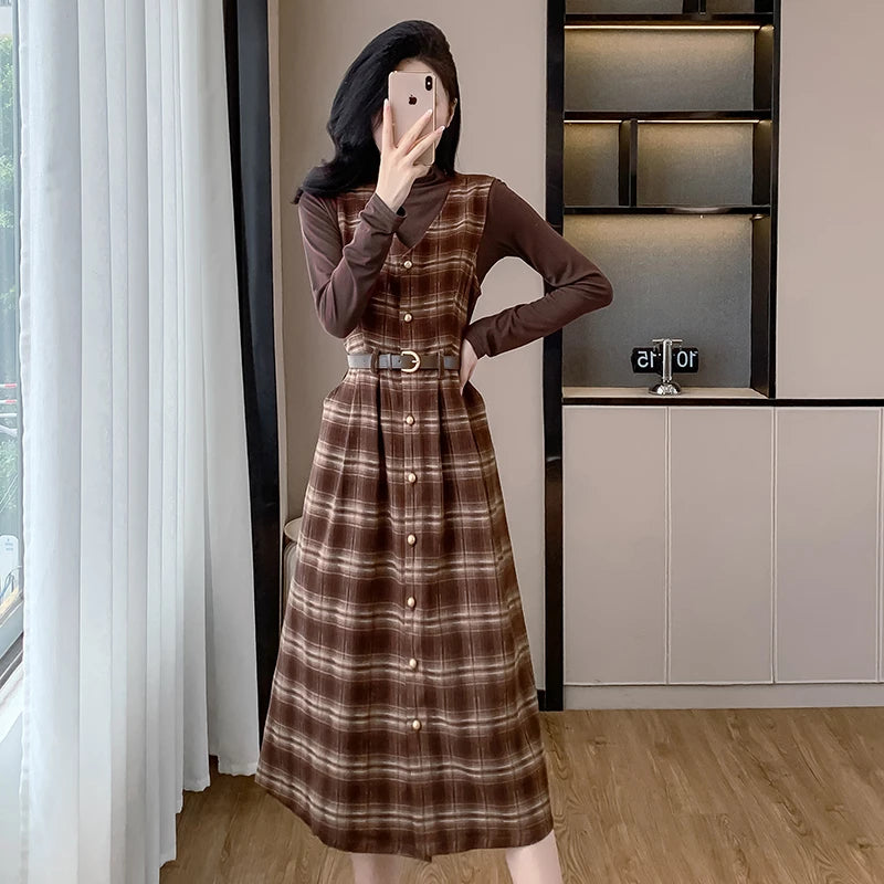 Fall Vintage 2 Piece Set for Women Top And Plaid Hand-Painted Dress Set Clothing Wholesale