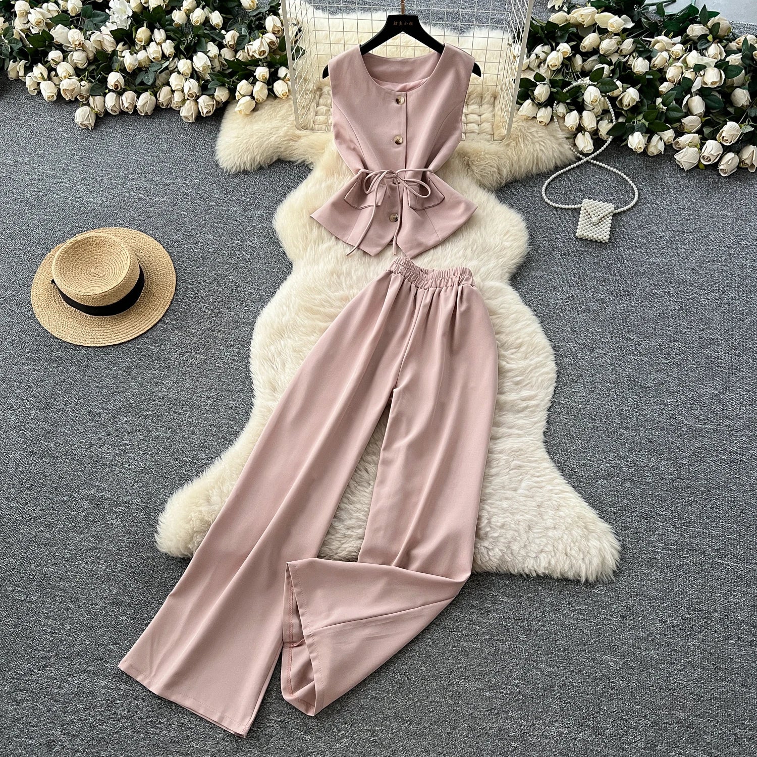 Summer Women's Casual Sets O-Neck Sleeveless Tunic Bandage Top And High Waist Pants Set Clothing Wholesale