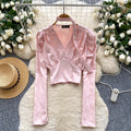 Autumn Full Sleeve V-neck Casual Blouses Women Puff Sleeve Solid Shirts Ladies Casual Tops Clothes Women Wholesale