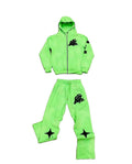 Neon Green Applique Embroidery Zip Hoodie Jogger Set Men Women Winter Leopard Print Streetwear Tracksuit Custom Logo Two Piece