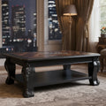 OE-FASHION Antique Black Solid Wood Rectangle Coffee Table Luxury Walnut Marquetry Top with Storage Shelf