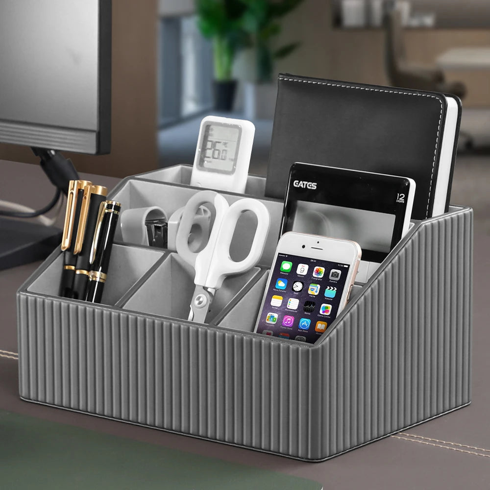 5 Compartments Desktop Leather Office Desk Organizer Metal Mesh Modern Desk Storage Organizer