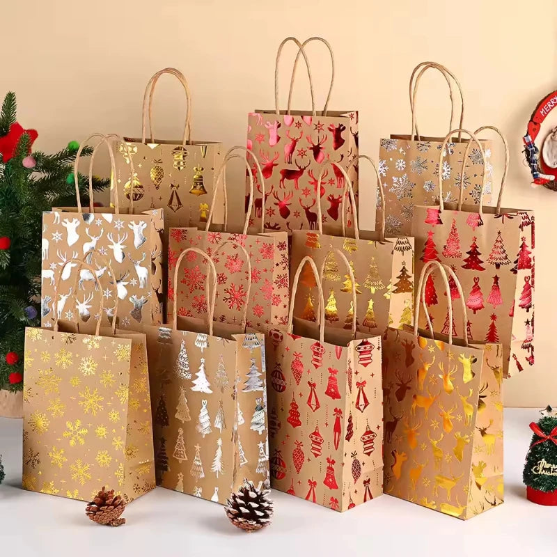 High-End Recycled Kraft Paper Gift Bags with Elegant Hot Stamping for Christmas and Retail Gift Packaging