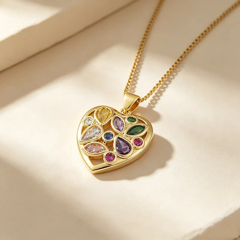 QIKU Fashion Heart Shape Colorful Rhinestone Necklace Women Jewelry Copper Cubic Zircon Neck Chain Jewelry Party Gift Wholesale