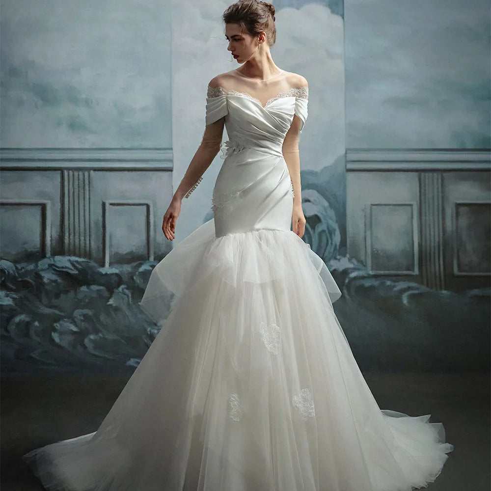 Jancember LSMX200 Beautiful Satin Lace-up Mermaid Wedding Dresses With Overskirt