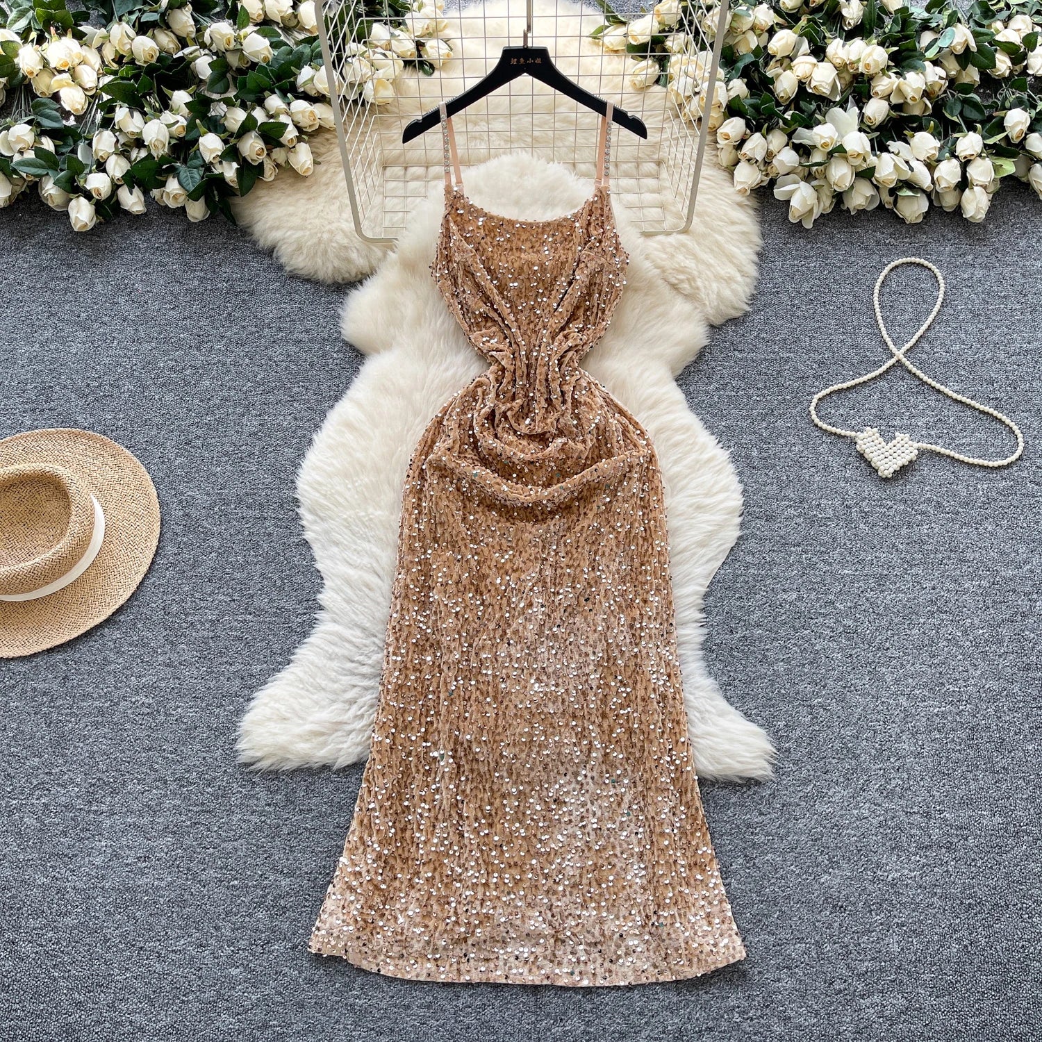 2025 Summer Roman Tunic Slim Slip Midi Dress for Women Empire Sequined Lace Dress