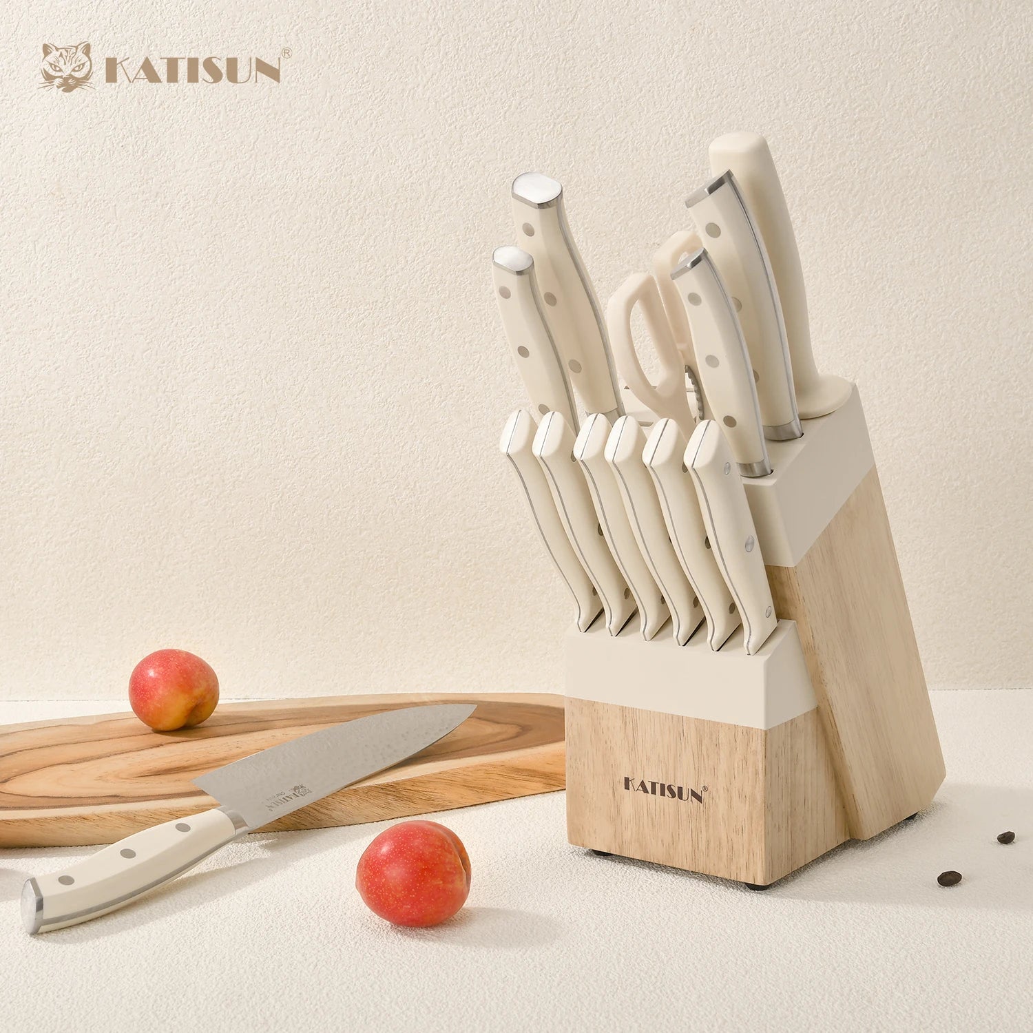 14PCS Hammer Forging Chef Steak Santoku Fruit Knives Set Sharp Chef Knife Sets With Natural Wood Knife Holder Shears