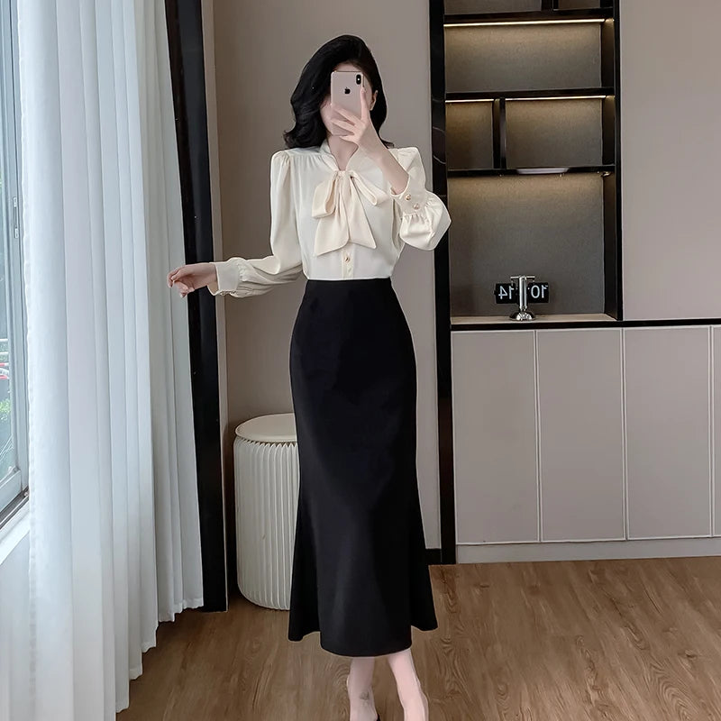 2025 Spring Women's Elegant Sets Top And Silk Slit Hip Skirts Set Ropa Wholesale