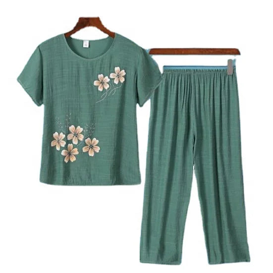 Women's Elegant Classic Luxury Floral Front Logo Biowashed 100% Soft Cotton Knitted Breathable Pajamas Set Casual Sleepwear