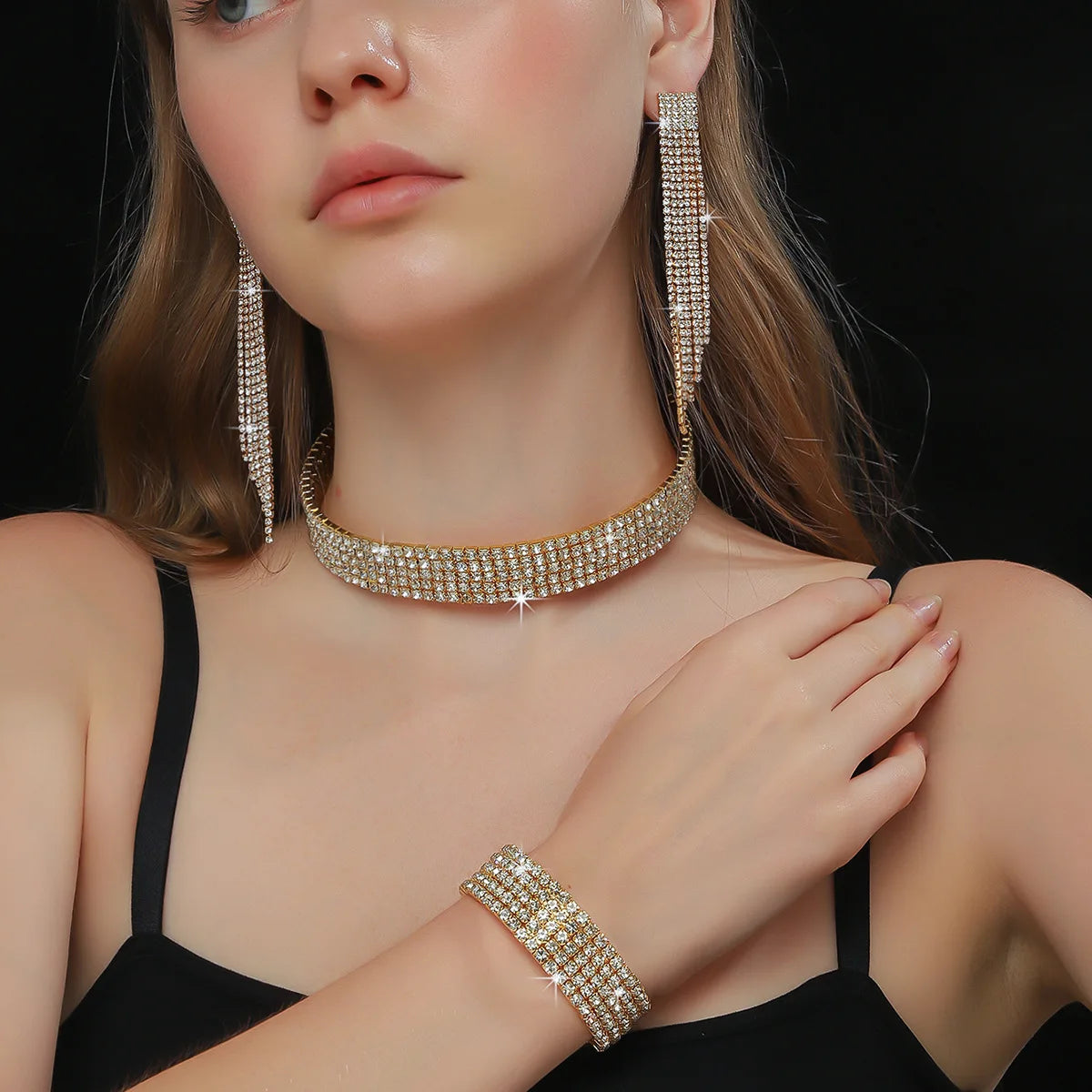 Stunning 3 Piece Bridal Jewelry Set Multi Row Diamond Necklace Earrings and Bracelet  Ultimate Elegance for Your Big Day