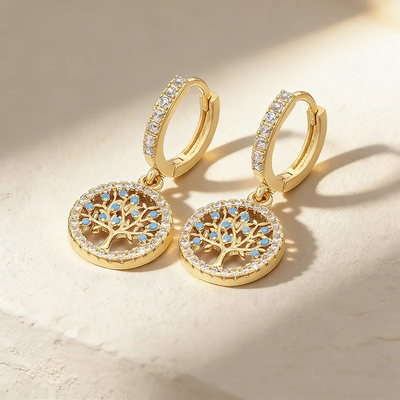 QIKU Fashion Classic Tree of Life Drop Earrings Women Girl Female Copper Zircon Lucky Party Birthday Jewelry Drop Earrings Gift