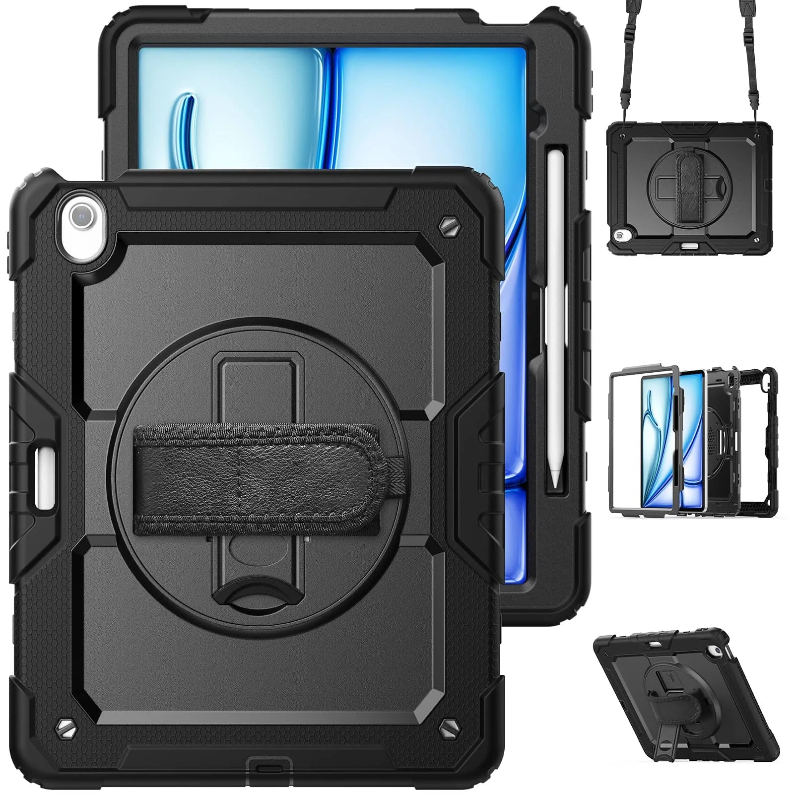 For iPad (A16) 11th Air 11 Air 13 M3 (2025) - Heavy Duty Protective Cover with Screen Protector, Shoulder Strap & Pencil Holder