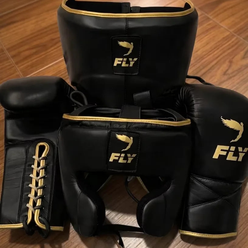 Fly Superlace MMA Boxing Gloves Set Custom Genuine Leather Moisture Wicking Non-Slip Breathable Custom Colors Logo Head Guard