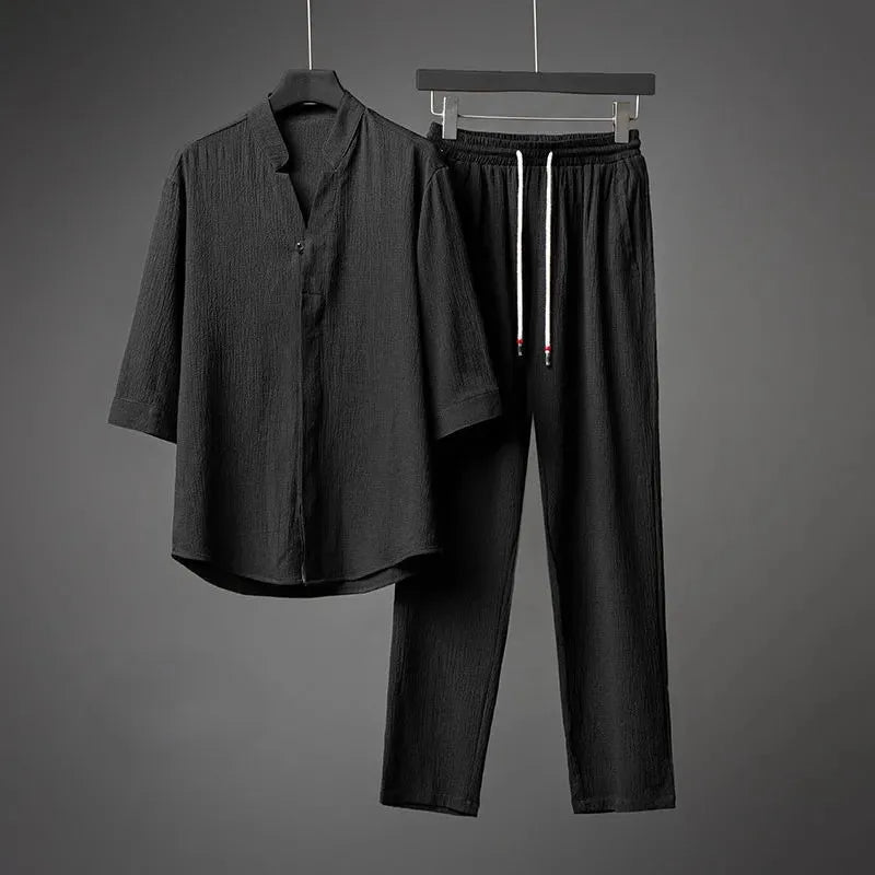 Mens Ultra Lightweight Two Piece Casual Set Mid Sleeve T Shirt and Cropped Pants Summer Loose Fit Plus Size Outfit Wholesale MegaBDM
