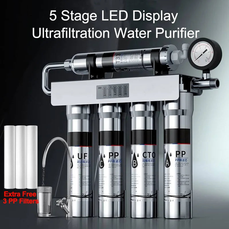 EIREE Stainless Steel 5-Stage Water Purifier with Digital Display&Pressure Gauge Under Sink Kitchen Filter System Water Purifer