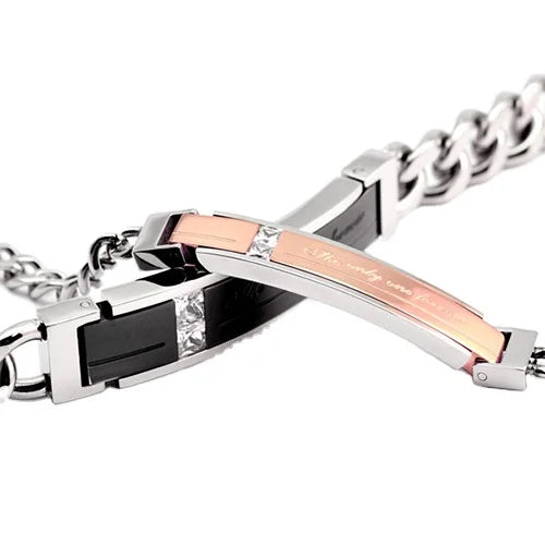Stainless Steel Zircon Anniversary Couple Design Silver Chain & Link Bracelets 316L Steel