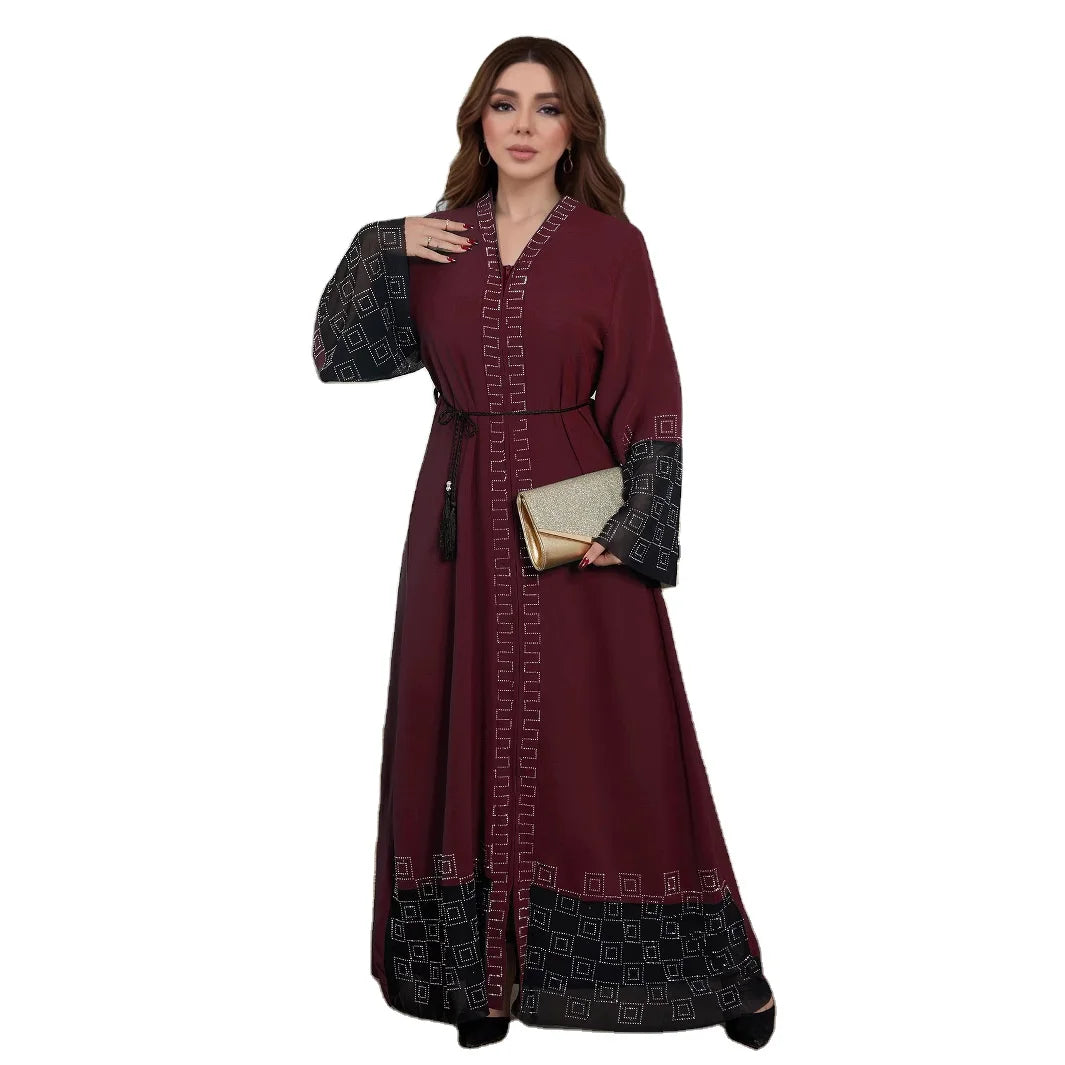 Hot Selling Middle Eastern Dubai Fashion Round Neck With Rhinestones Women's Abaya Robe Muslim Women
