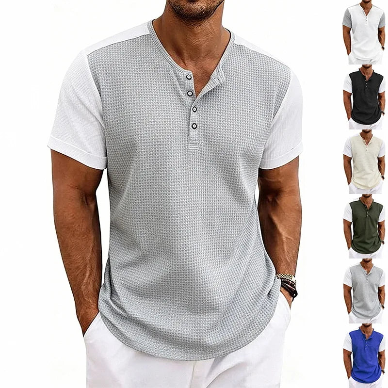 OEM Mens Color Block Henley T Shirt Waffle Knit Short Sleeve Loose Fit Plus Size Casual Summer Fashion European Style T Shirt MegaBDM