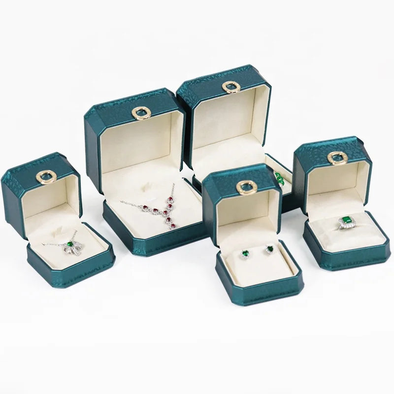 New Market Octagon Waist Leather Dark Green Jewelry Locket Can Print logo Wholesale Ring Box Long Chain Box