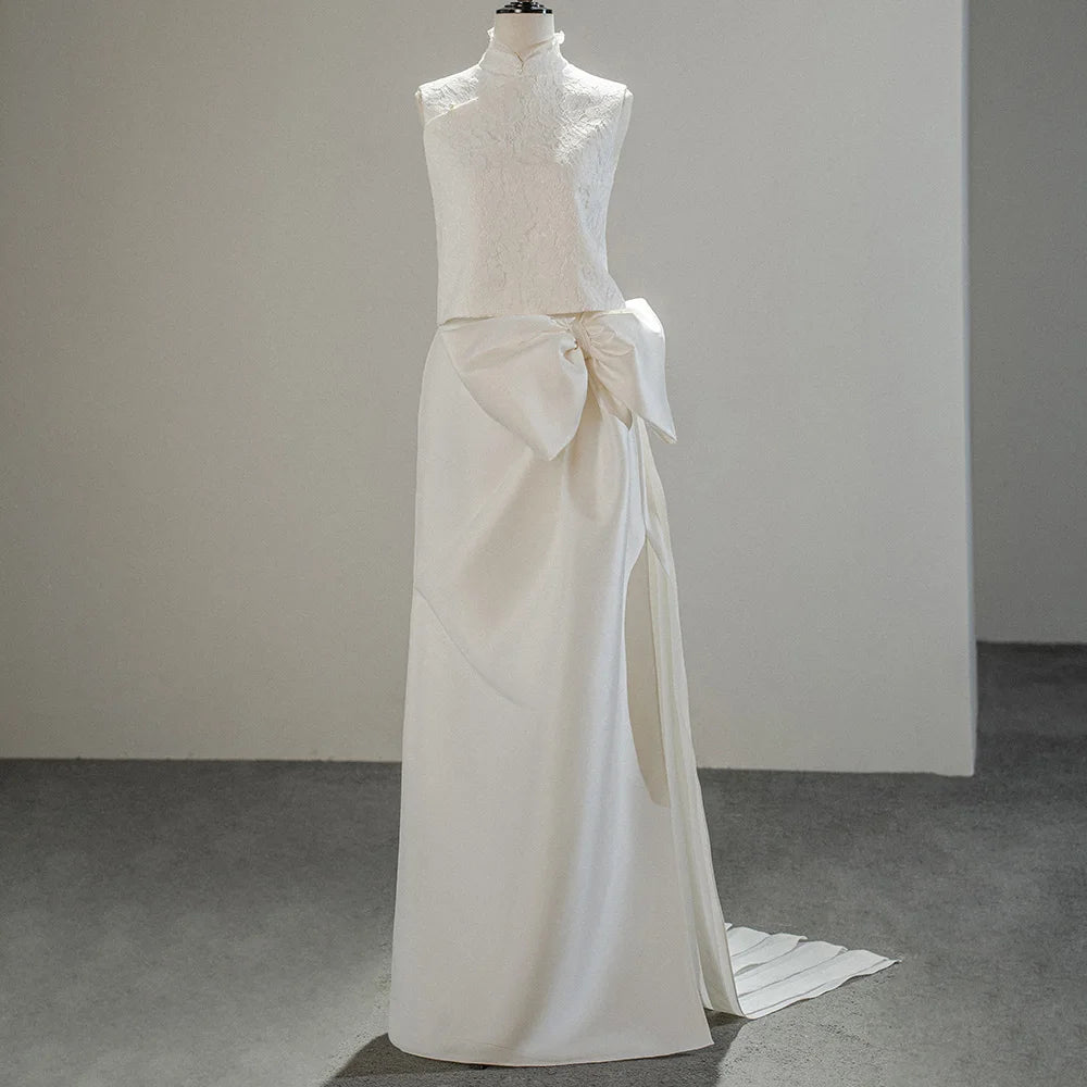 Jancember SFY216 Chic High Neck Bow Sleeveless Satin Wedding Dresses for Girls
